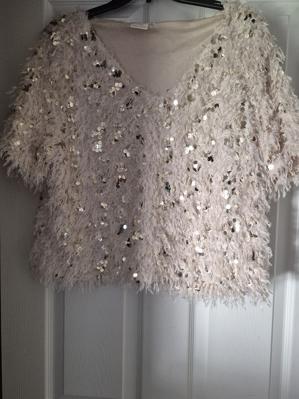 Sequin Feathered Short-Sleeve Top - Cream - Picture 3 of 3